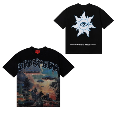 Godspeed City UFO Print T-shirt #7039 Black/Apricot 02