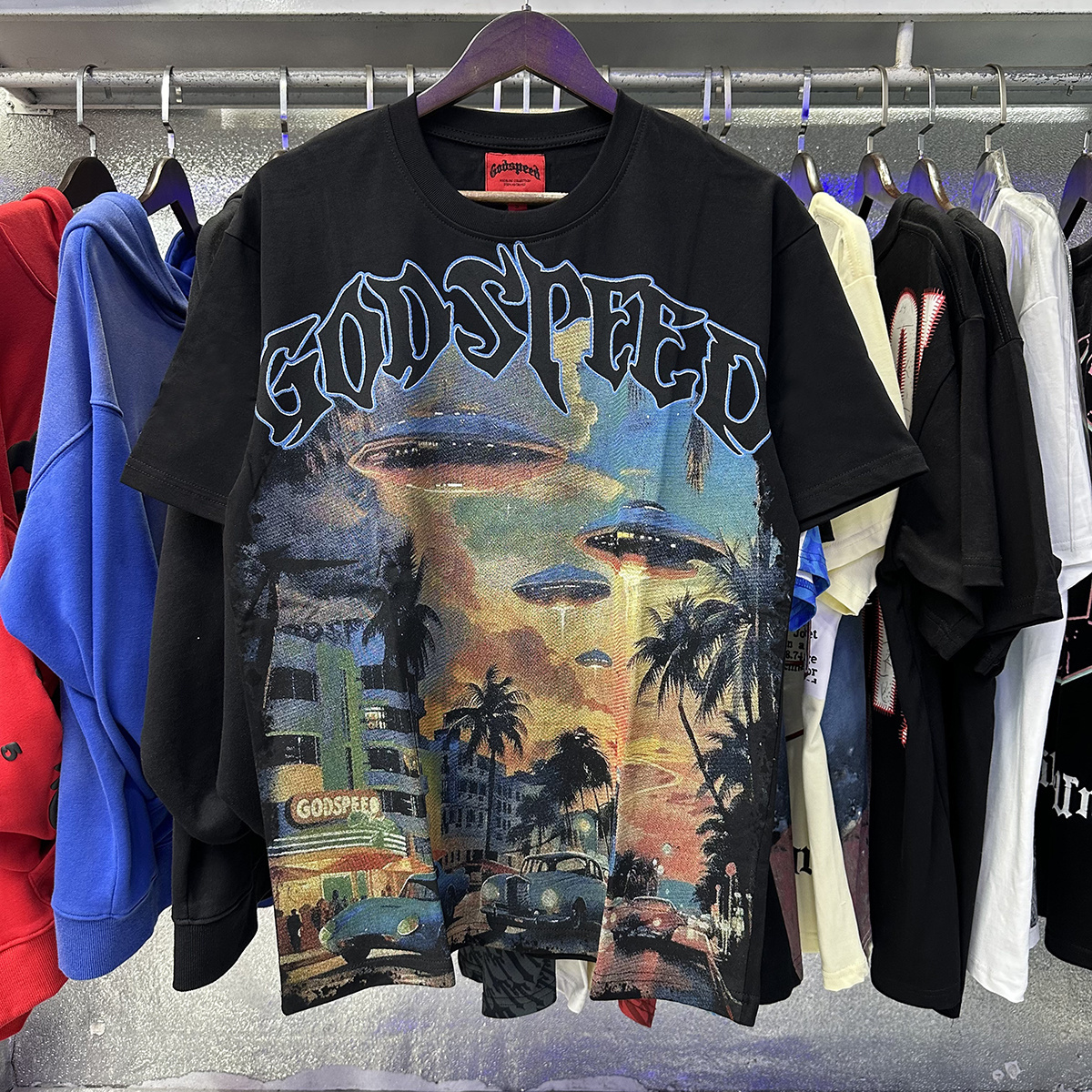 Godspeed City UFO Print T-shirt #7039 Black/Apricot