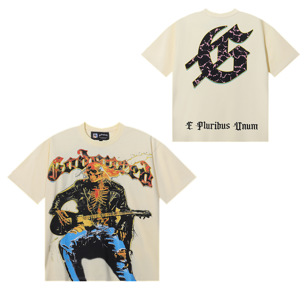 Godspeed Guitar Skull Denim Print T-Shirt #7030 Black/Apricot