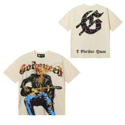 Godspeed Guitar Skull Denim Print T-Shirt #7030 Black/Apricot 02