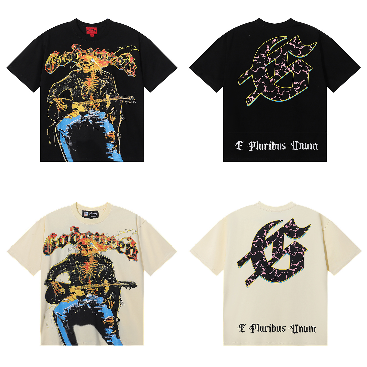 Godspeed Guitar Skull Denim Print T-Shirt #7030 Black/Apricot