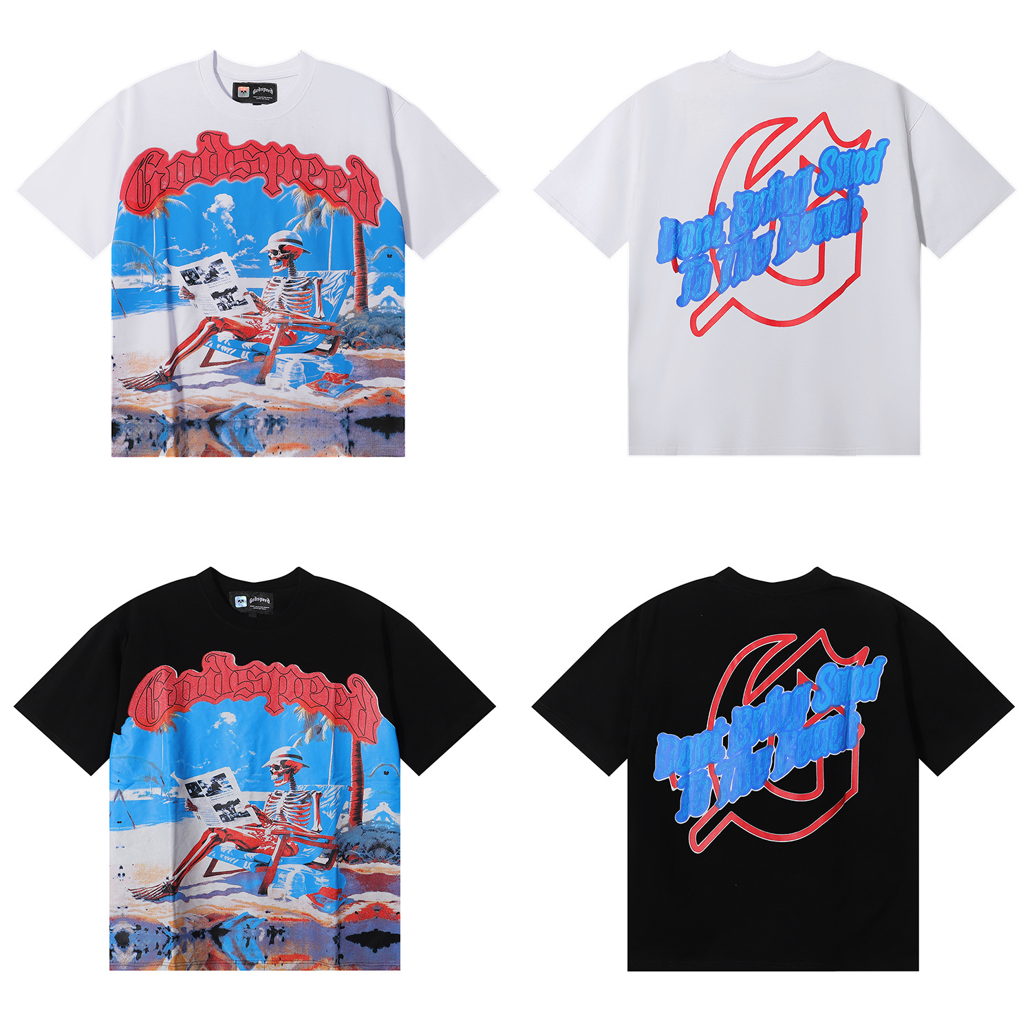 Godspeed Relaxed Beach Skull Print T-Shirt #7021 Black/White