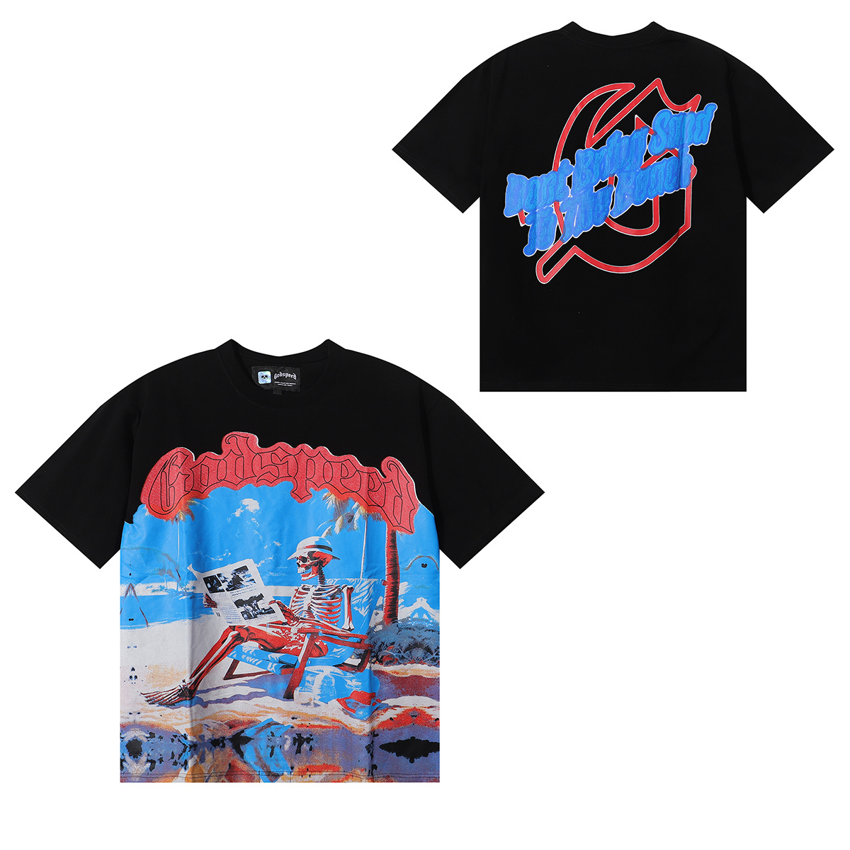 Godspeed Relaxed Beach Skull Print T-Shirt #7021 Black/White