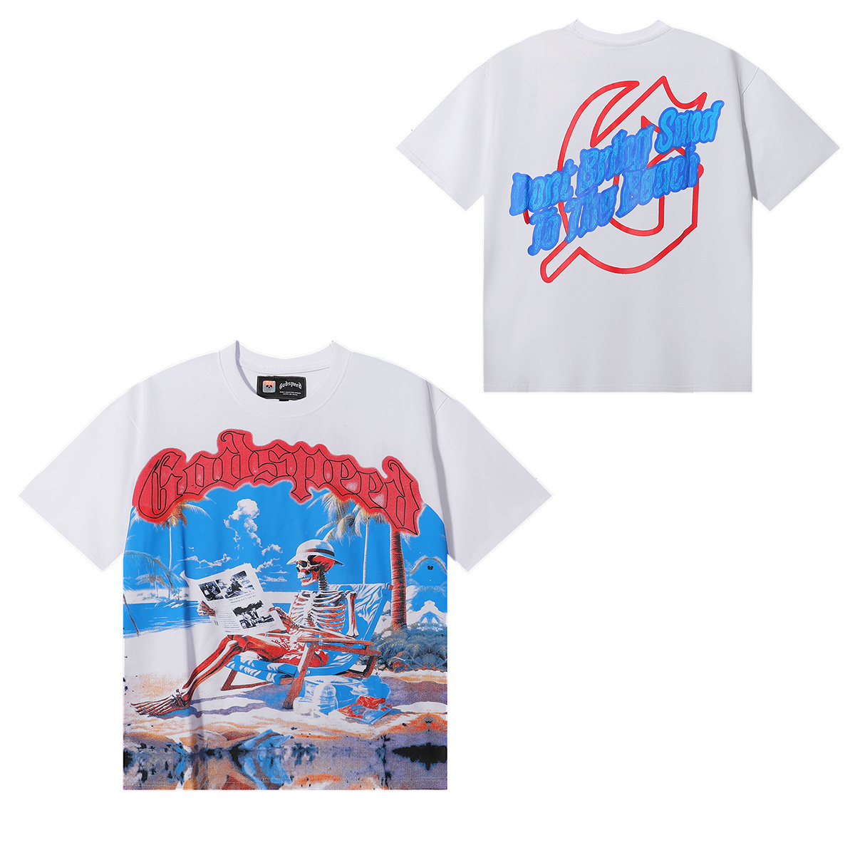 Godspeed Relaxed Beach Skull Print T-Shirt #7021 Black/White