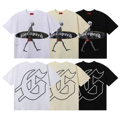 Godspeed Skateboard Skull Print T-Shirt #7018 Black/Apricot/White 01