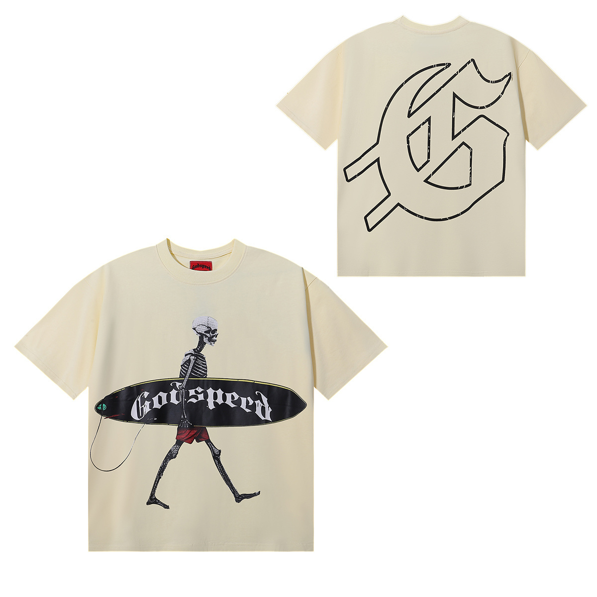 Godspeed Skateboard Skull Print T-Shirt #7018 Black/Apricot/White