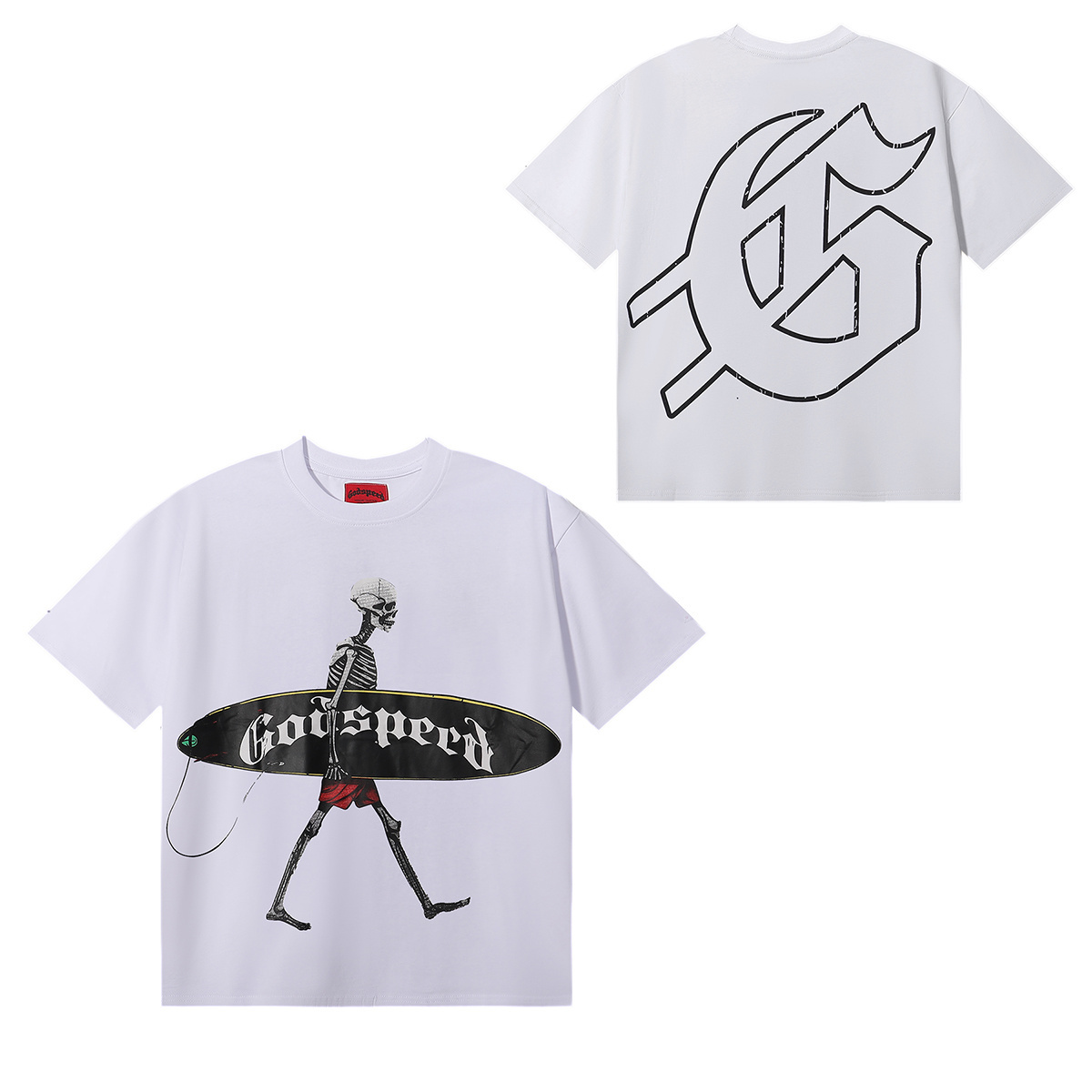 Godspeed Skateboard Skull Print T-Shirt #7018 Black/Apricot/White