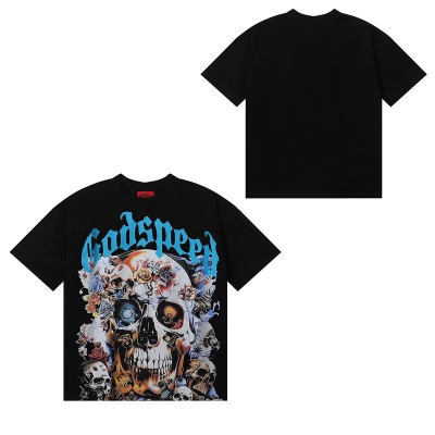 Godspeed Skull and Rose Print T-Shirt #7012 Black/Apricot 02