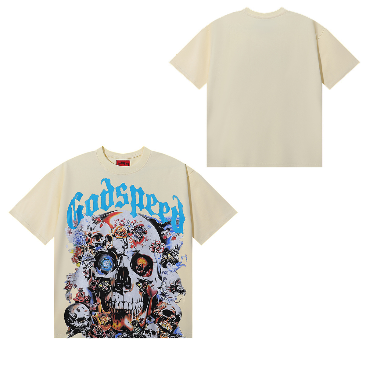 Godspeed Skull and Rose Print T-Shirt #7012 Black/Apricot