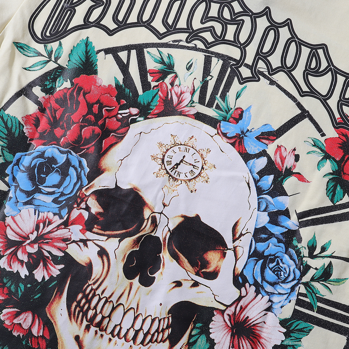 Godspeed Skull Rose Clock Print T-Shirt #7022 Black/Apricot/White