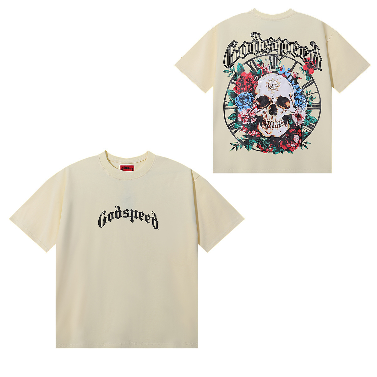 Godspeed Skull Rose Clock Print T-Shirt #7022 Black/Apricot/White