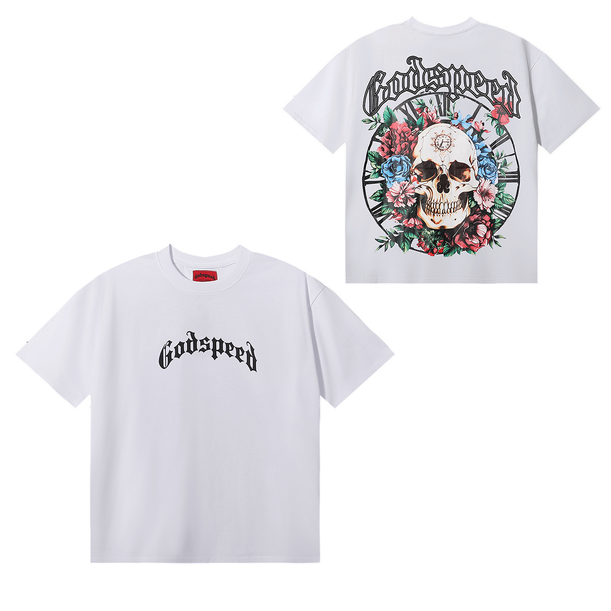 Godspeed Skull Rose Clock Print T-Shirt #7022 Black/Apricot/White