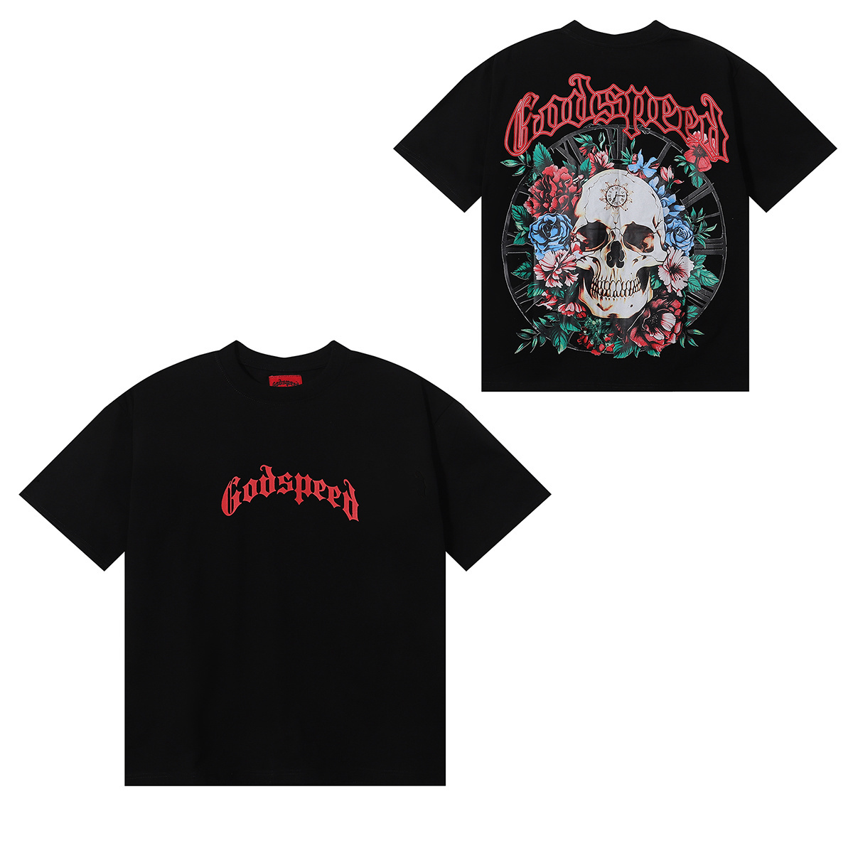 Godspeed Skull Rose Clock Print T-Shirt #7022 Black/Apricot/White