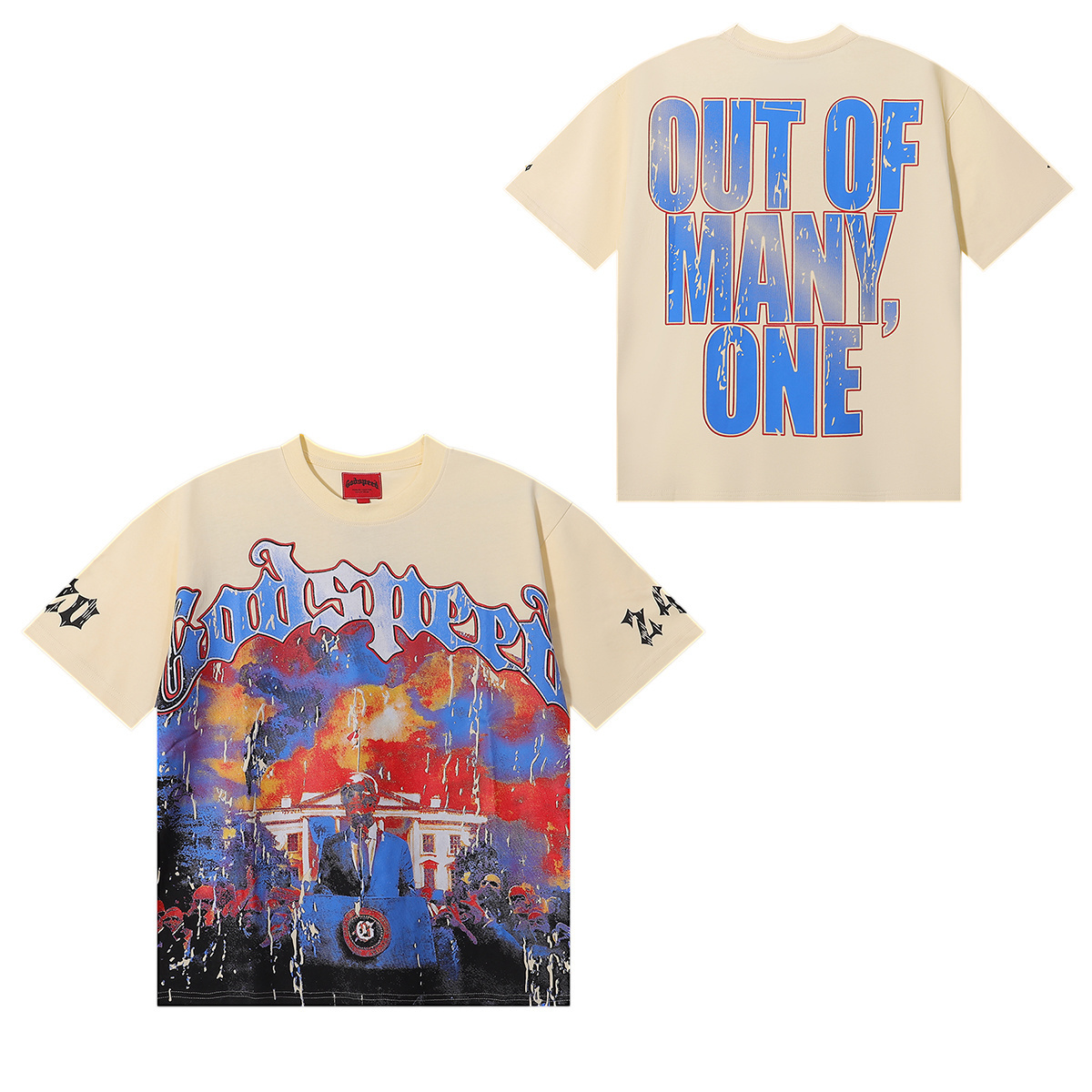 Godspeed Speech Skull Print T-Shirt #7028 Blue/Apricot/Black/White