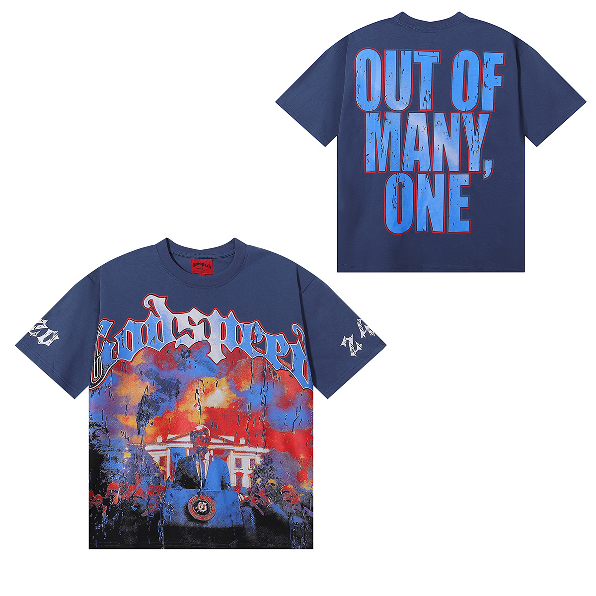 Godspeed Speech Skull Print T-Shirt #7028 Blue/Apricot/Black/White