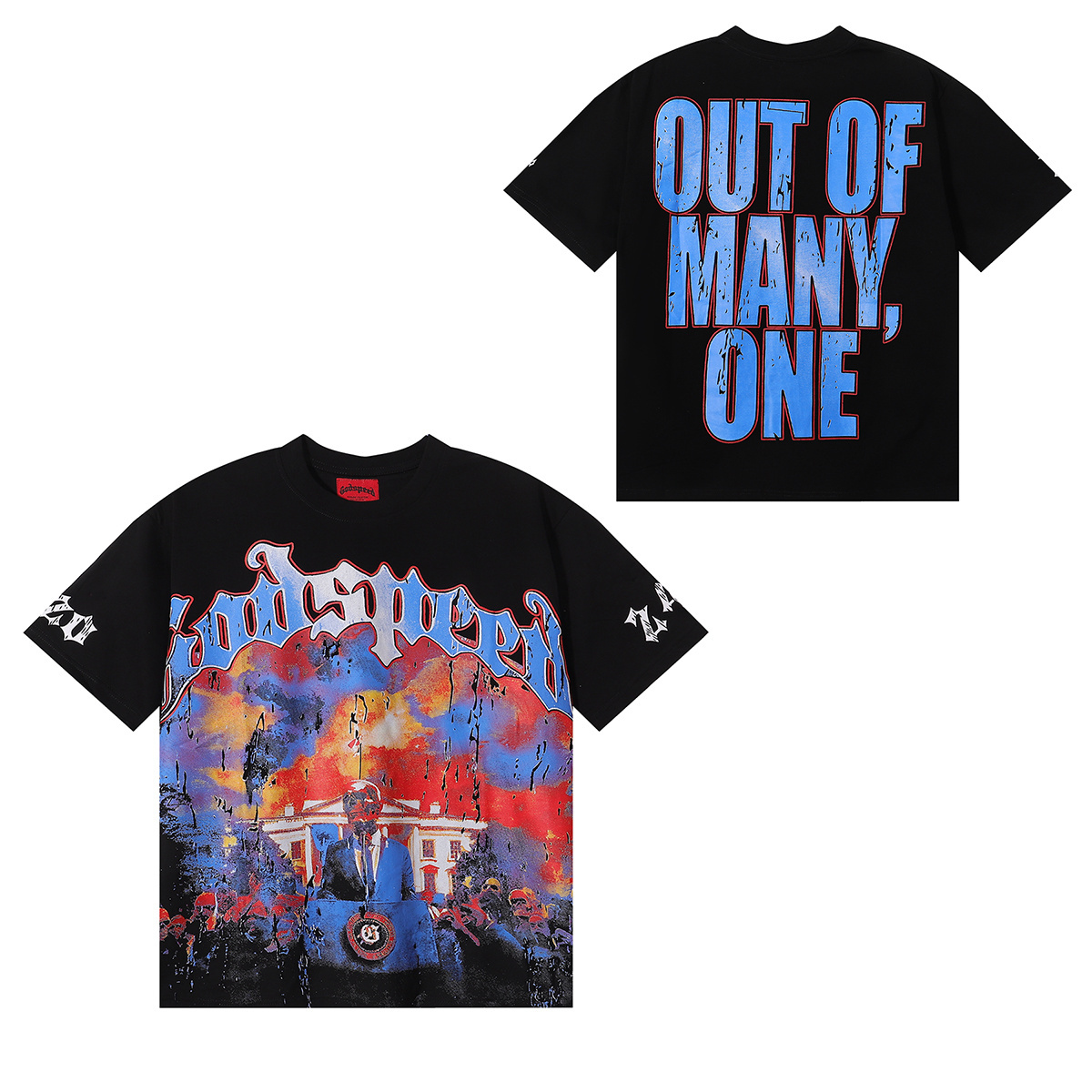 Godspeed Speech Skull Print T-Shirt #7028 Blue/Apricot/Black/White