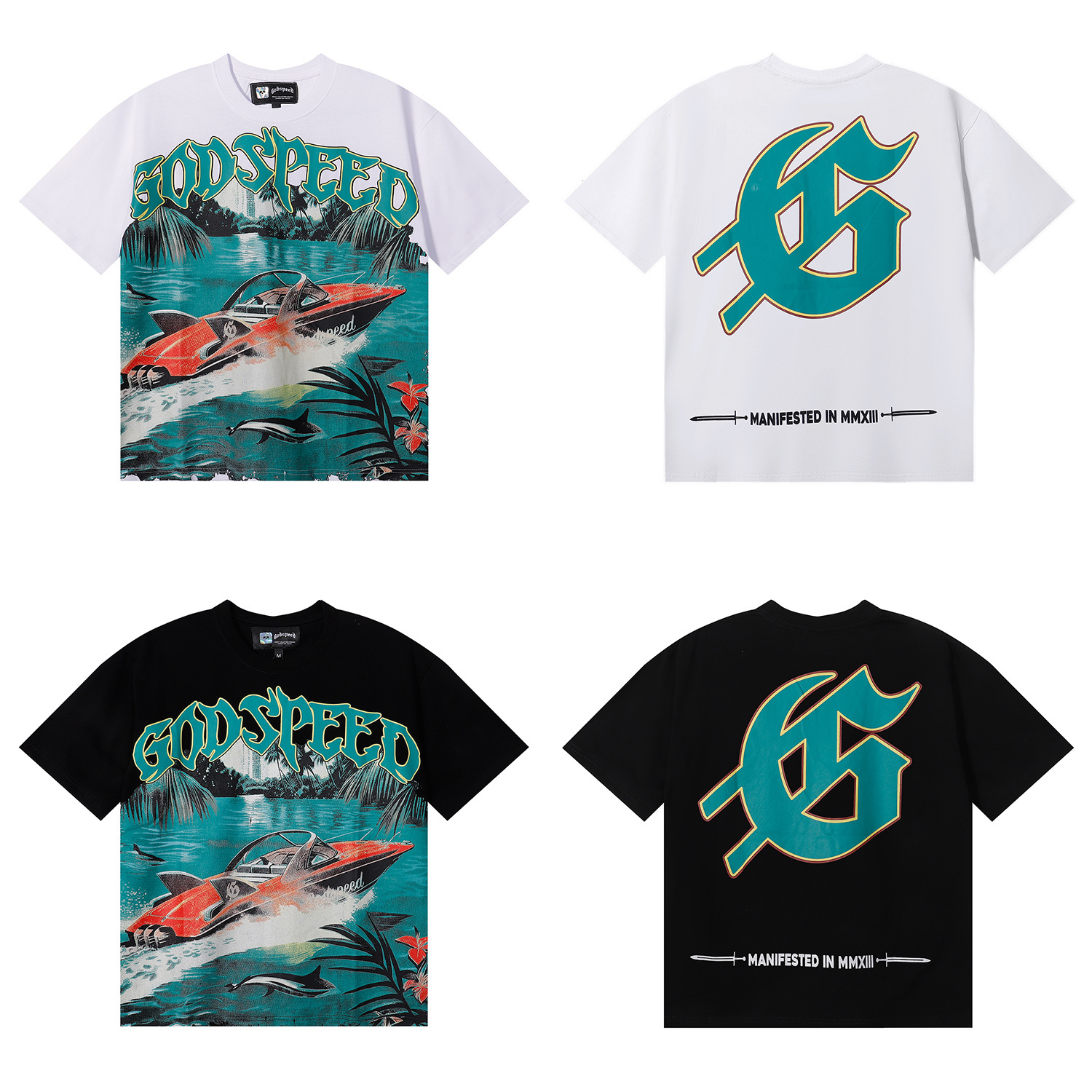 Godspeed Speedboat Shark Print T-shirt #7051 Black/White