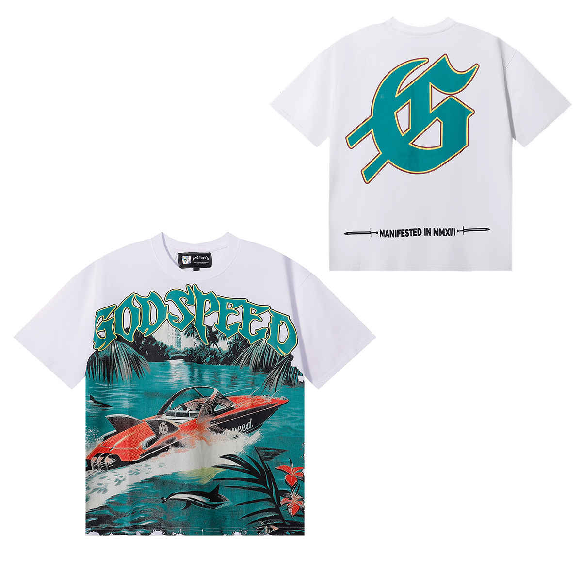 Godspeed Speedboat Shark Print T-shirt #7051 Black/White