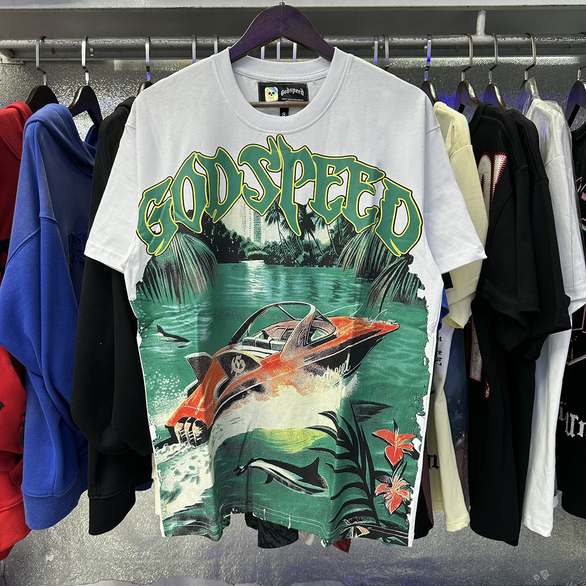 Godspeed Speedboat Shark Print T-shirt #7051 Black/White