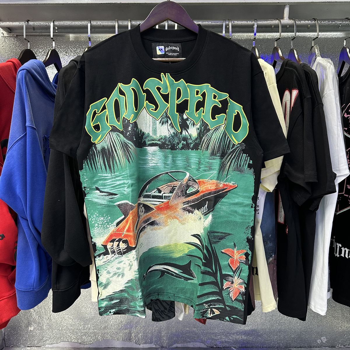 Godspeed Speedboat Shark Print T-shirt #7051 Black/White