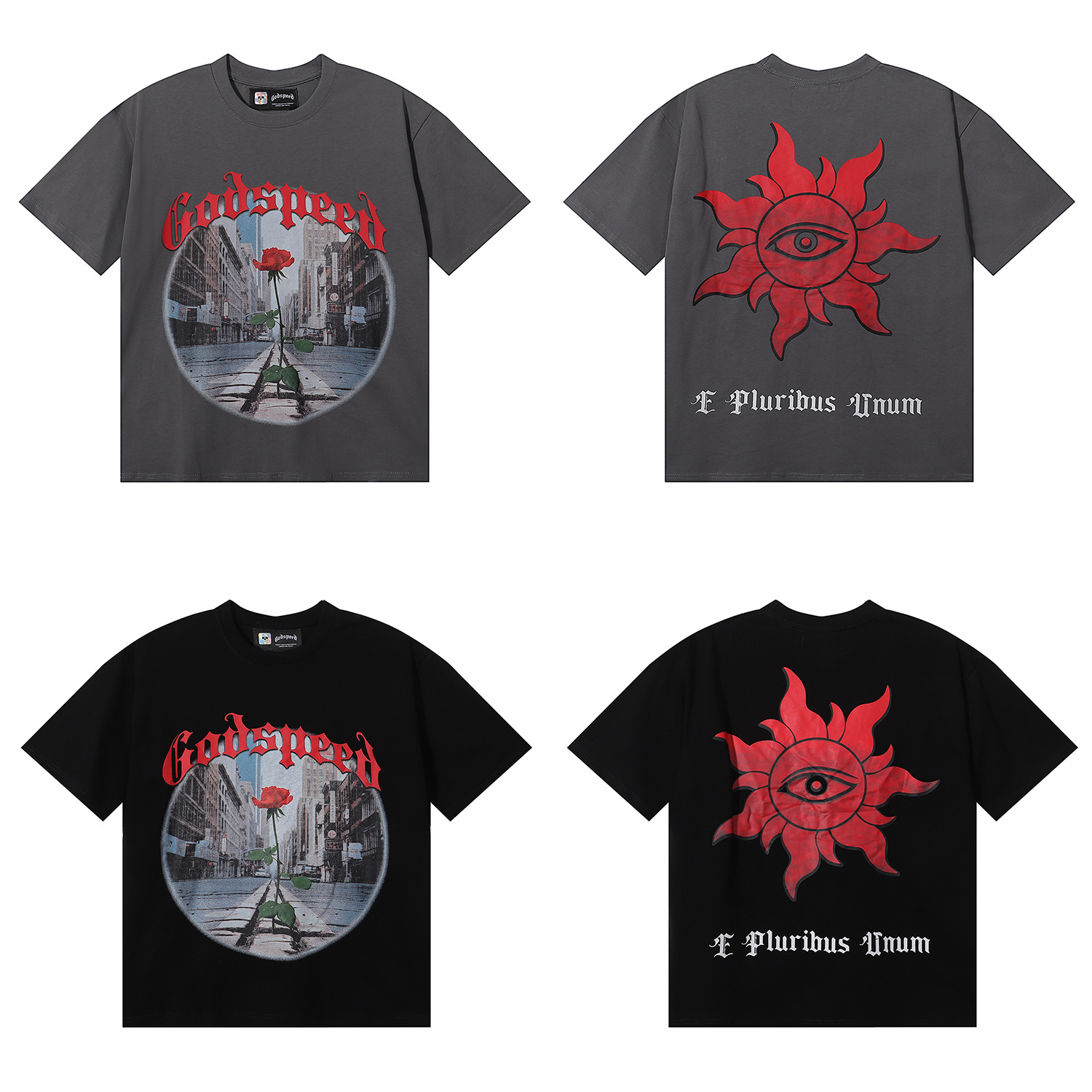 Godspeed Street Scene Rose Print T-Shirt #7019 Black/Grey
