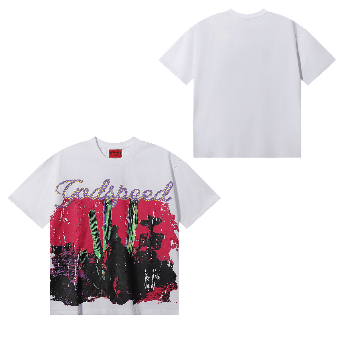 Godspeed Western Skull Cowboy Cactus Print T-Shirt #7016 Black/White