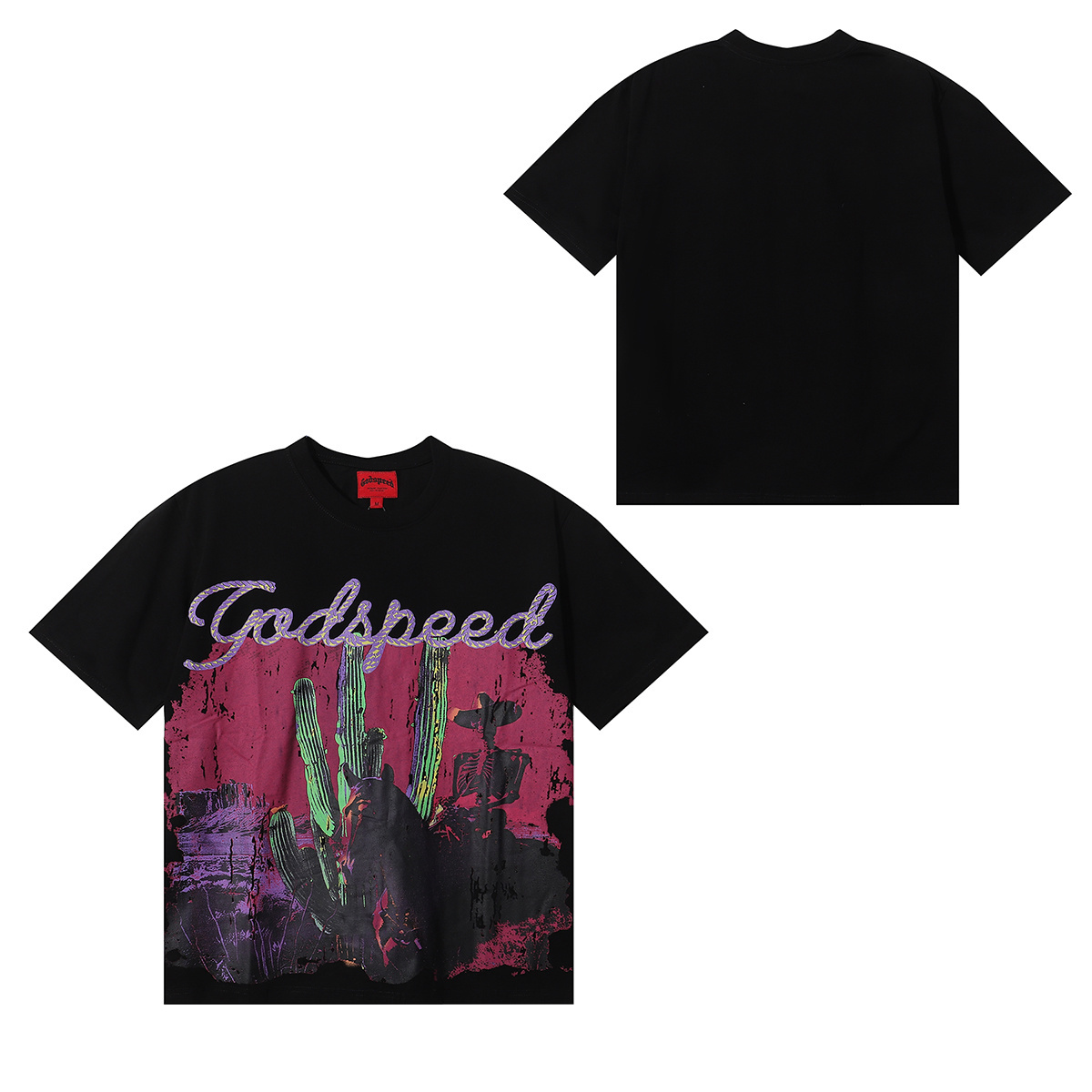 Godspeed Western Skull Cowboy Cactus Print T-Shirt #7016 Black/White