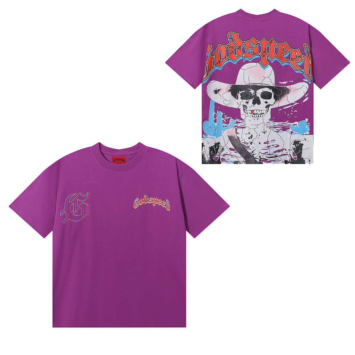 Godspeed Western Skull Cowboy Cactus Print T-Shirt #7023 Black/Purple/White