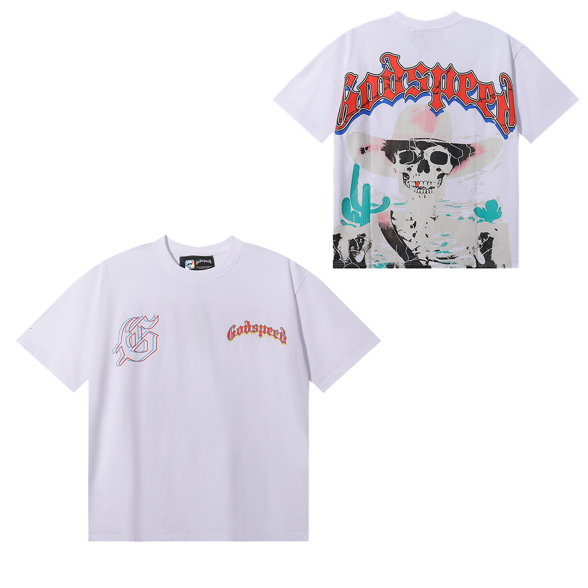 Godspeed Western Skull Cowboy Cactus Print T-Shirt #7023 Black/Purple/White