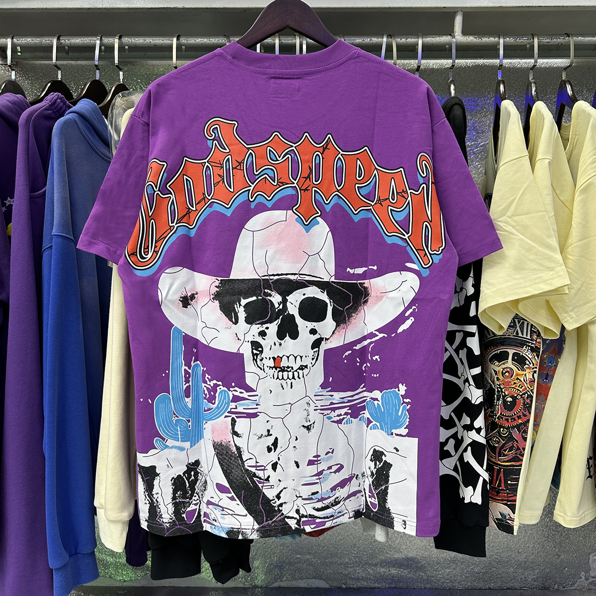Godspeed Western Skull Cowboy Cactus Print T-Shirt #7023 Black/Purple/White