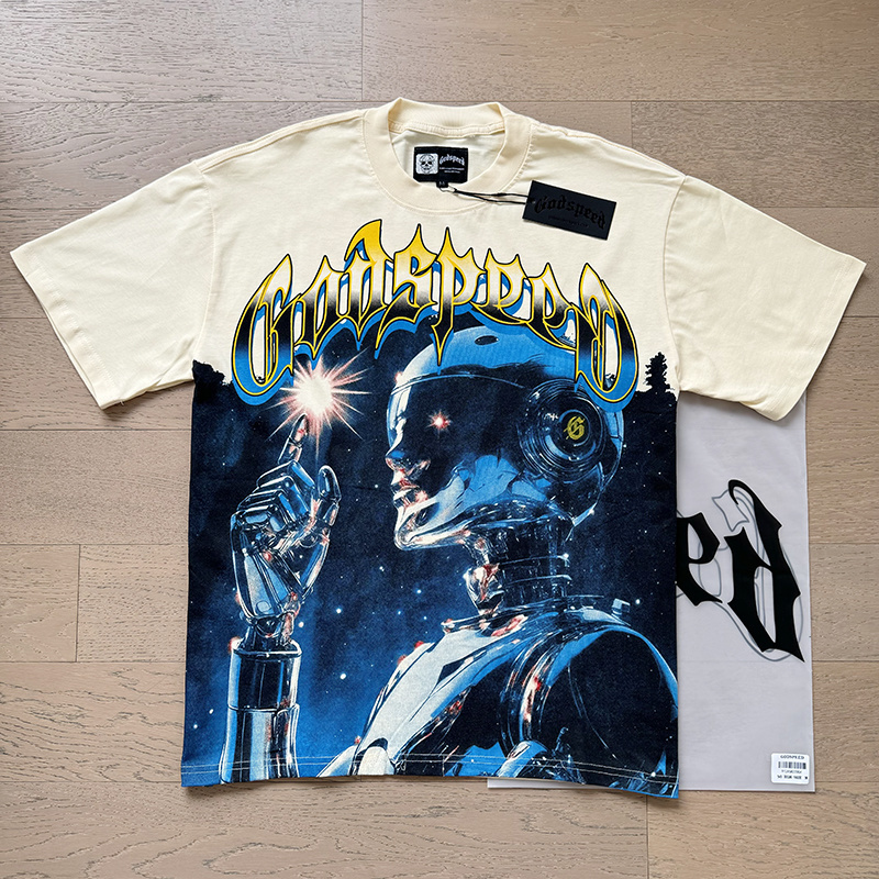 Godspeed Robot Fingertip Print Cotton T-Shirt #3126 Apricot