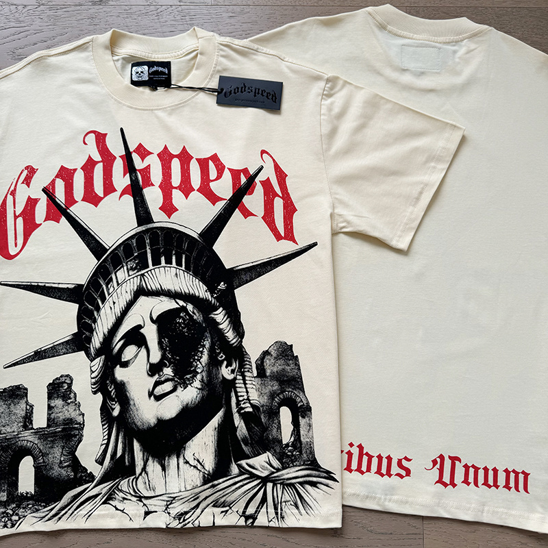 Godspeed Damaged Statue of Liberty Print T-Shirt #3127 Khaki