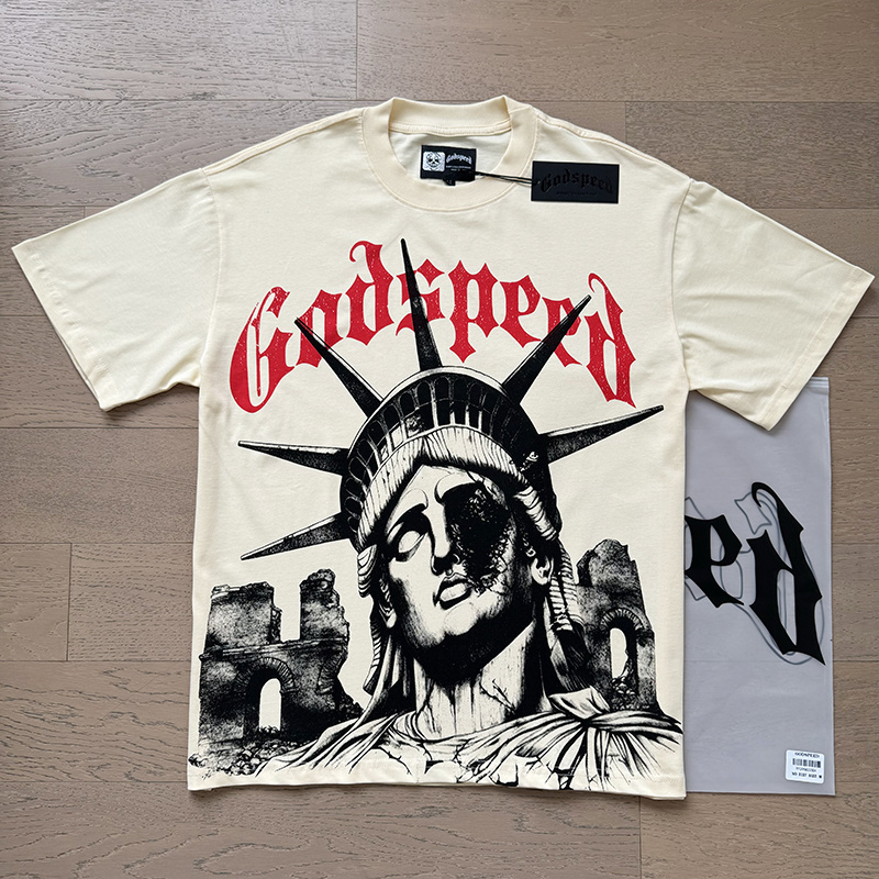 Godspeed Damaged Statue of Liberty Print T-Shirt #3127 Khaki
