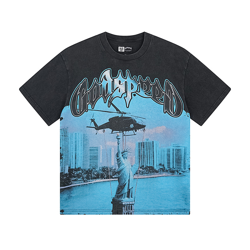Godspeed Helicopter Statue of Liberty Print T-shirt #1116 Black