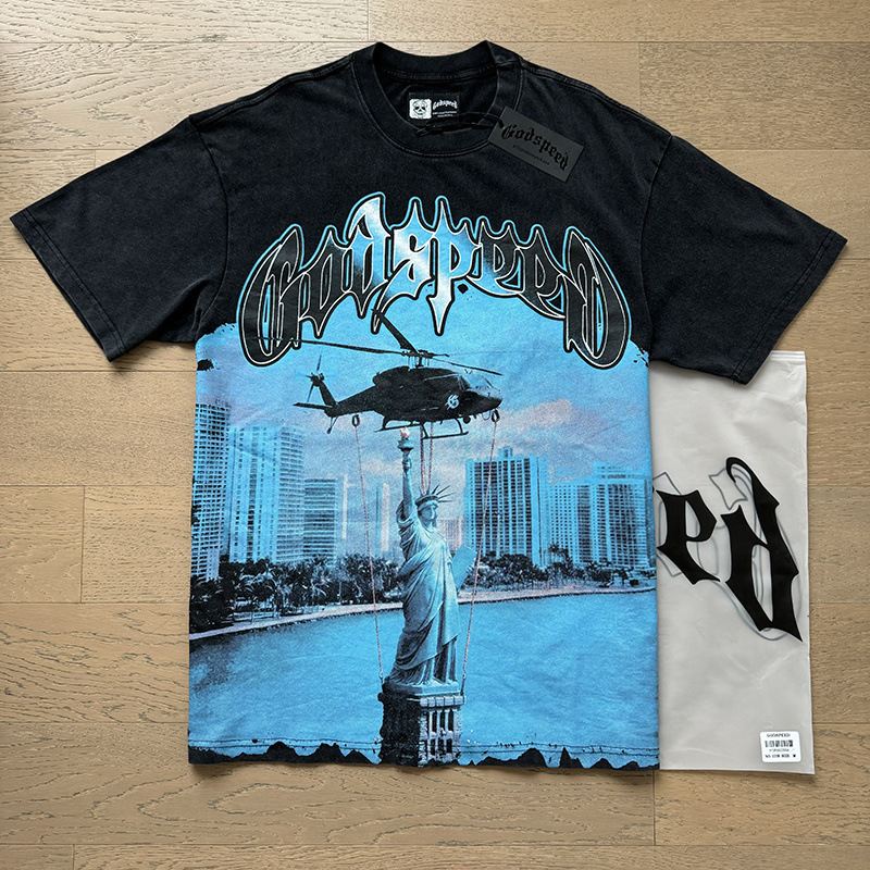Godspeed Helicopter Statue of Liberty Print T-shirt #1116 Black