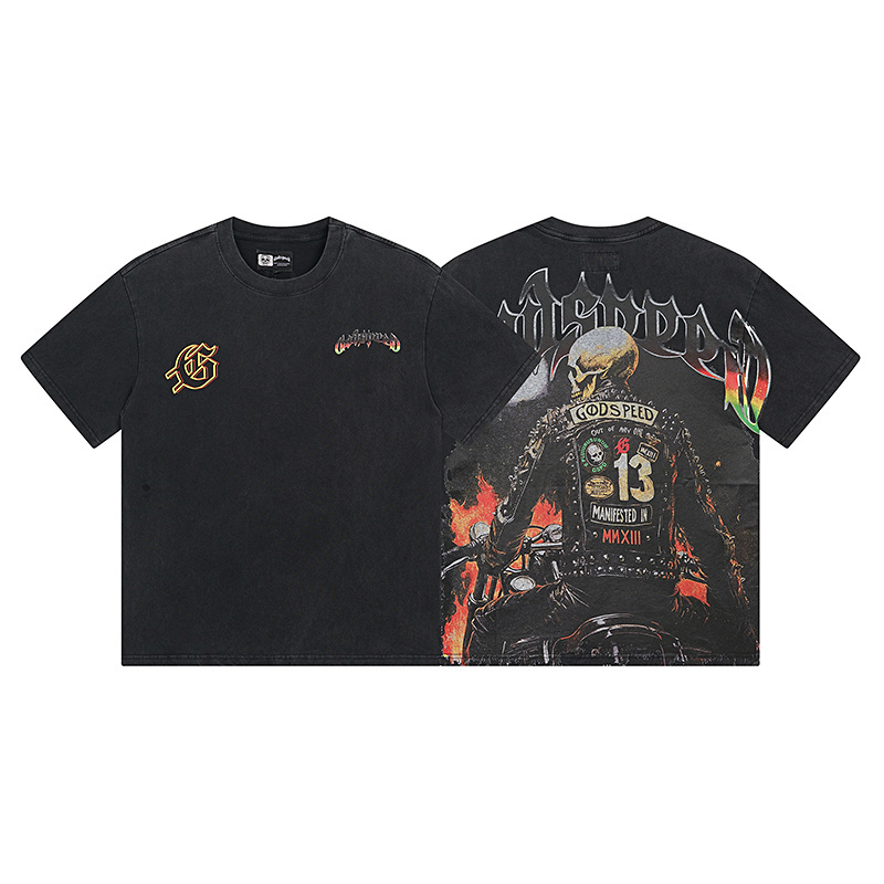 Godspeed Leather Motorcycle Skull Print T-Shirt #1136 Black