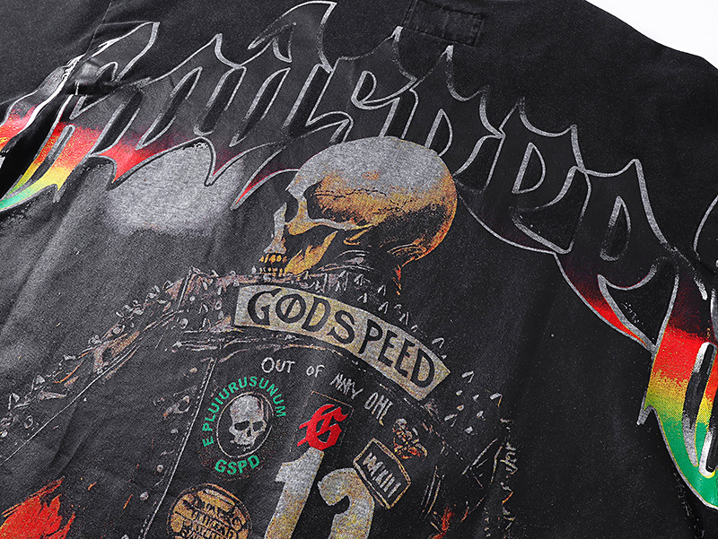 Godspeed Leather Motorcycle Skull Print T-Shirt #1136 Black