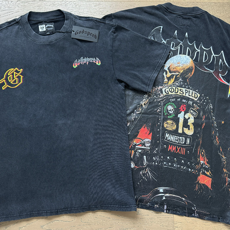 Godspeed Leather Motorcycle Skull Print T-Shirt #1136 Black