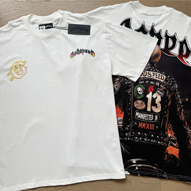 Godspeed Leather Motorcycle Skull Print T-Shirt #3136 White