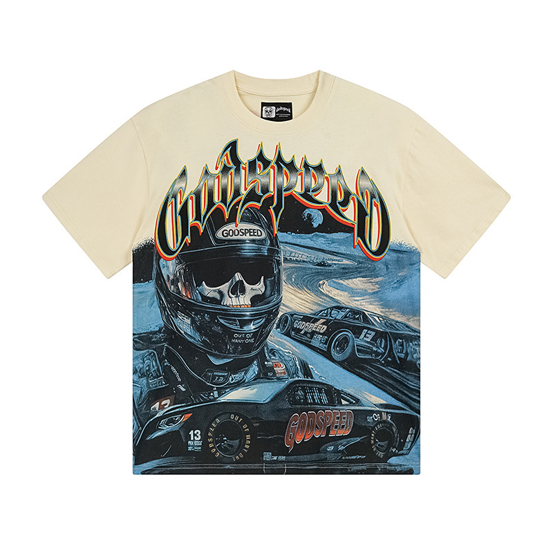 Godspeed Skeleton Racer Print Cotton T-Shirt #3165 Apricot