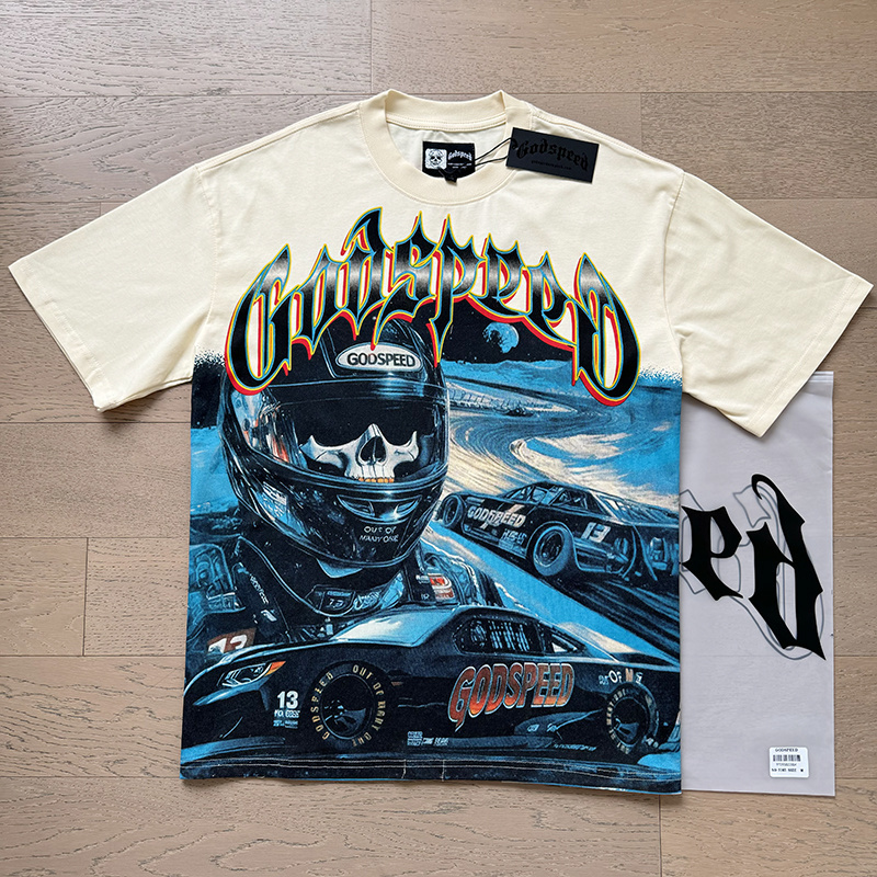 Godspeed Skeleton Racer Print Cotton T-Shirt #3165 Apricot