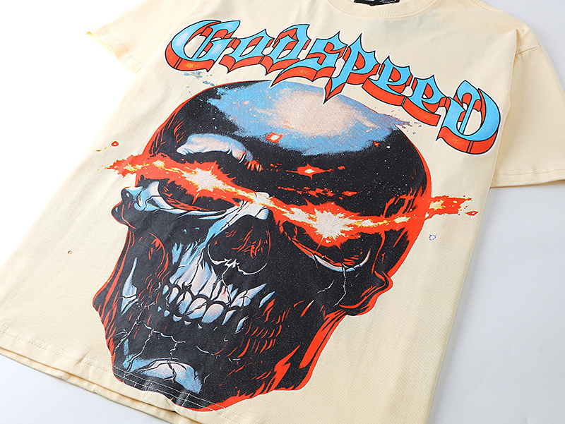Godspeed Skull and Flame Eye Print T-shirt #3119 Apricot