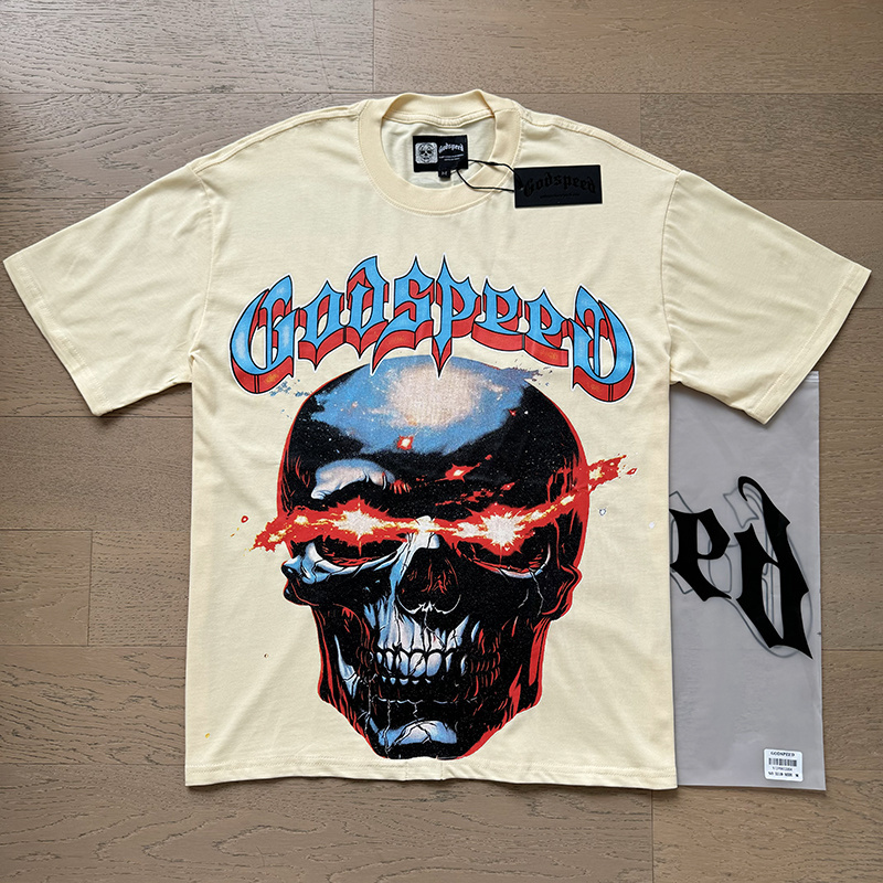 Godspeed Skull and Flame Eye Print T-shirt #3119 Apricot