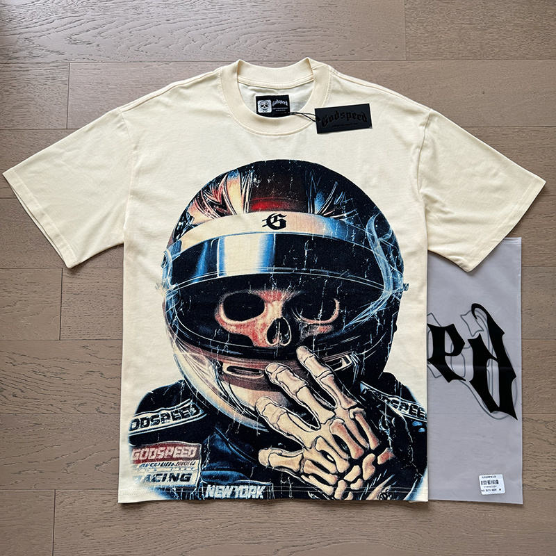 Godspeed Skull Astronaut Print Cotton T-Shirt #3171 Apricot