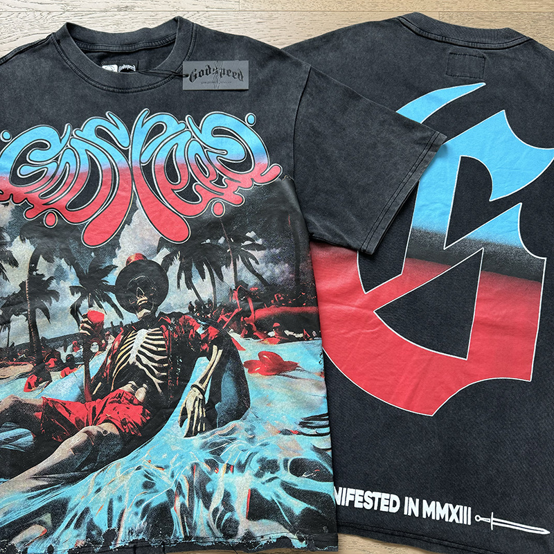 Godspeed Skull Beach Drink Cotton T-Shirt #1166 Black