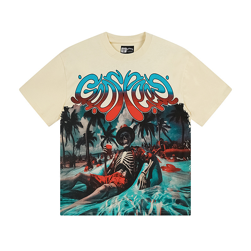 Godspeed Skull Beach Drink Cotton T-Shirt #3166 Apricot