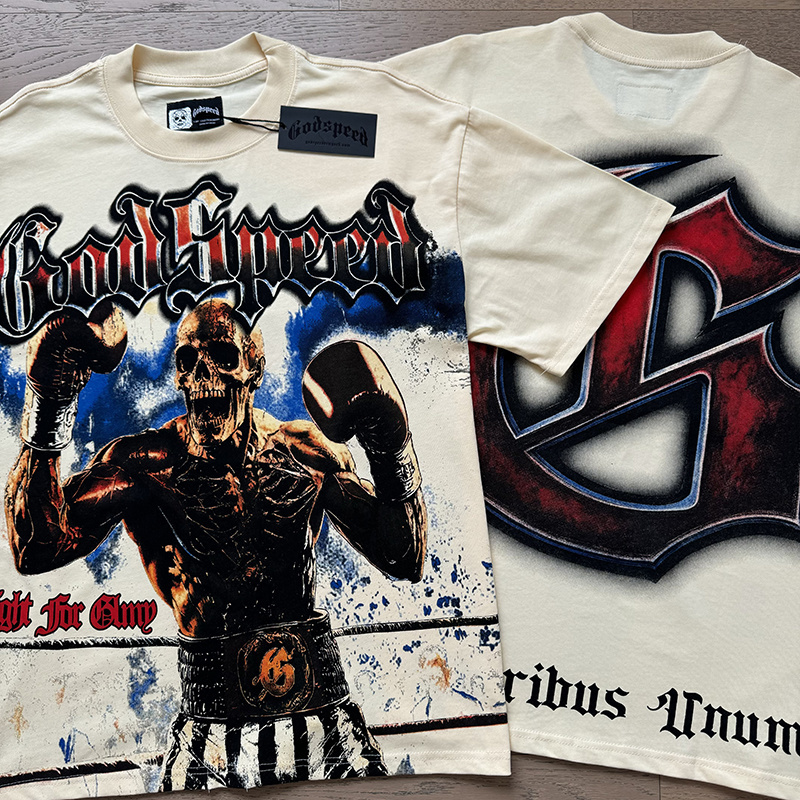 Godspeed Skull Boxer Print Cotton T-Shirt #3160 Apricot