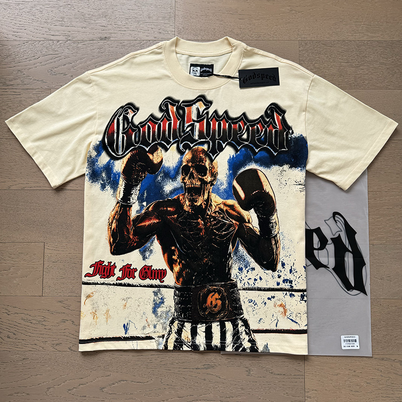 Godspeed Skull Boxer Print Cotton T-Shirt #3160 Apricot