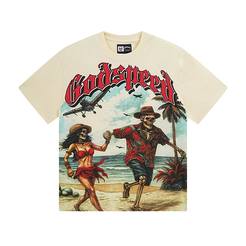 Godspeed Skull Couple Print T-shirt #3152 Apricot