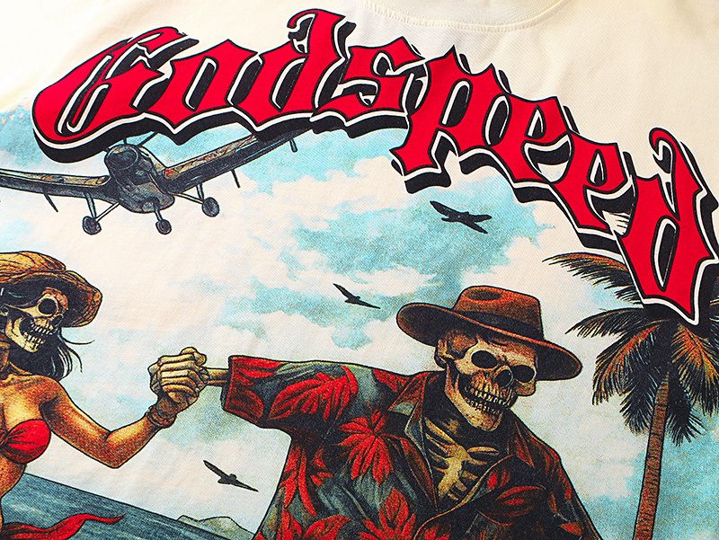 Godspeed Skull Couple Print T-shirt #3152 Apricot